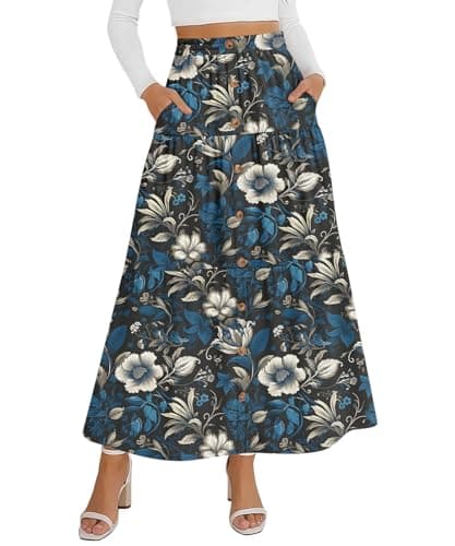 KUOTAI Womens Boho Maxi Skirt Summer Casual Elastic High Waist Tiered A-Line Flowy Long Skirt with Pockets for Vacation, Blue Leaf, X-Large - Image 1