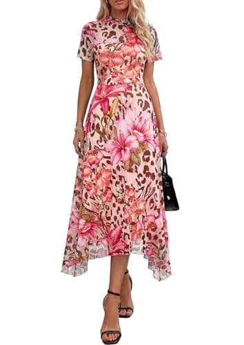 PRETTYGARDEN Cocktail Dresses for Women 2026 Summer Short Sleeve Floral Mesh Sheer Midi Party Wedding Guest Dress (Floral Apricot Leopard,XX-Large) - Image 1