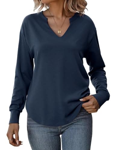 Totatuit Sweatshirts for Women V Neck Long Sleeve Shirts Loose Lightweight Curved Hem Casual Pullover Tops 2025 Fall Navy X-Large - Image 1