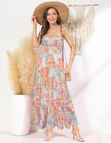 GRACE KARIN Summer Dresses for Women 2026 Vacation,Smocked Floral Maxi Dresses,Boho Beach Long Sundress BluePaisley Floral XL - Thumbnail 2