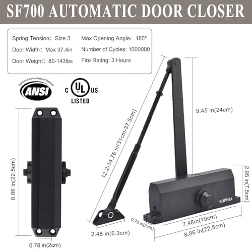 CypherCore Commercial Door Closer Grade 2, Automatic Auto Door Closer Heavy Duty, Hydraulic for Home Residential Adjustable Size 3, ADA & UL, Matte Black - SF700 - Thumbnail 2
