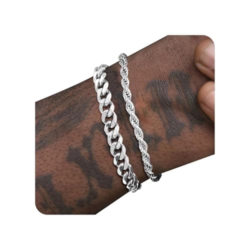 PEALICIOUS Silver Bracelet for Men 2 Pack, Stainless Steel Silver Cuban Link Rope Chain Bracelets as Adjustable Mens Bracelet Jewelry Set, Waterproof Gift for Husband Dad Brother - Image 1