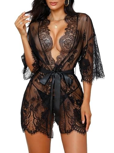 Rigeri Lace Kimono Dress Sexy Black Robe Open Front Nightwear Black XXL