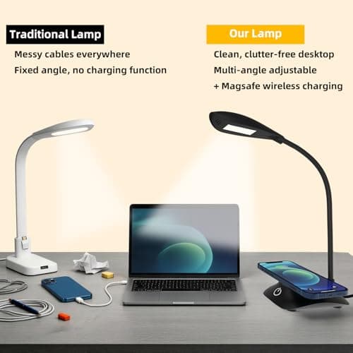 Zensun Desk Lamp for Home Office Compatible with MagSafe Wireless Fast Charging, Dimmable 3 Color Modes, 600LM, CRI 85, Adjustable Neck Study Lamps for College Dorm Room, Adapter Not Included, Black - Thumbnail 5