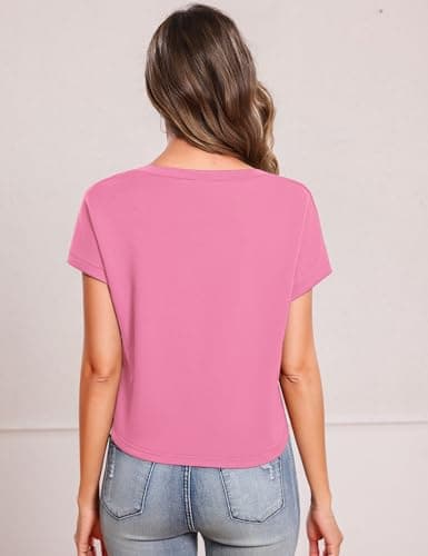 Totatuit Women Cute Cropped Tshirts for Students Teen Girls Loose Fit V Neck Cap Sleeve Tee Summer Beach Travel Holiday Tops Pink Medium - Thumbnail 4