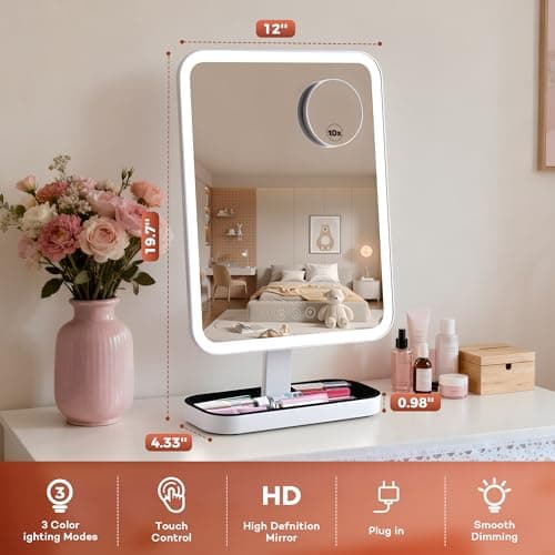 DASLAVA Vanity Mirror with Lights, Storage Hollywood Mirror, 1/10X Magnifing, 3 Colors Lights & Adjustable, Lighted Up Mirror for Makeup Desk, Bedroom, Dressing Room, （19.7" X 12" White） Plug in - Thumbnail 2