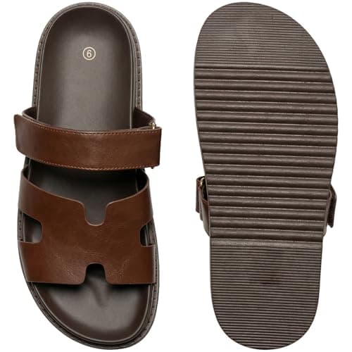KENMITDY Men's Slide Sandals Adjustable Velcro Strap Comfortable PU Leather Open Toe Summer Shoes Non-Slip Thick Sole Casual Slides for Indoor Outdoor Beach Daily Wear Brown Size 10 - Thumbnail 4