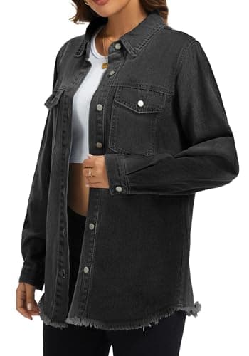 Bosmeer Essentials Denim Jackets for Women Trendy Long Sleeve Button Up Denim Shirt Jacket Jean Shacket with Pocket Distressed Summer Jackets - Thumbnail 3