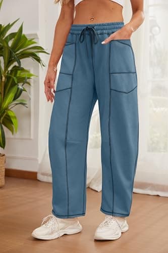 BEINF Barrel Sweatpants Women Elastic Waisted Casual Baggy Sweatpants Drawstring Wide Leg Lounge Pants with Pockets Blue L - Thumbnail 4