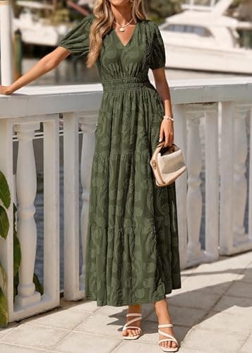 KIRUNDO Summer Dresses for Women 2026 Boho Flowy Casual Short Sleeve V Neck Elastic Waist Floral Long Baby Shower Maxi Dress(Army Green, Large) - Thumbnail 4