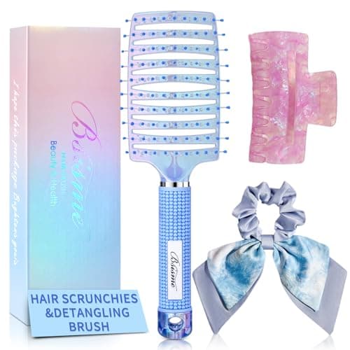 Hair Brush with Scrunchies & Claw Clips, Professional Curved Vented Detangling & Fast Blow Drying Brush for Styling, Hair Care Gift for Women Girls - Image 1
