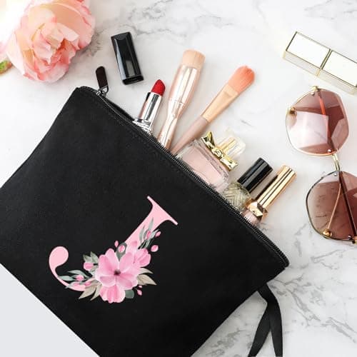 Vavabox A-Z Personalized Makeup Bag, Birthday Gifts for Women Mom, Gifts for Best Friend, Bride Bridesmaid Cosmetic bag (J, Black) - Thumbnail 4