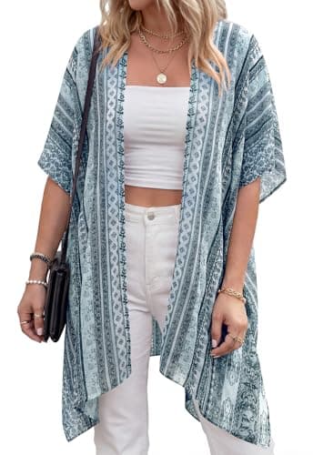 PRETTYGARDEN Summer Kimonos for Women Boho Floral Short Sleeve Kimono Cardigans Swimsuit Beach Cover Ups for Women Swimwear (Light Blue Floral, Large) - Thumbnail 2