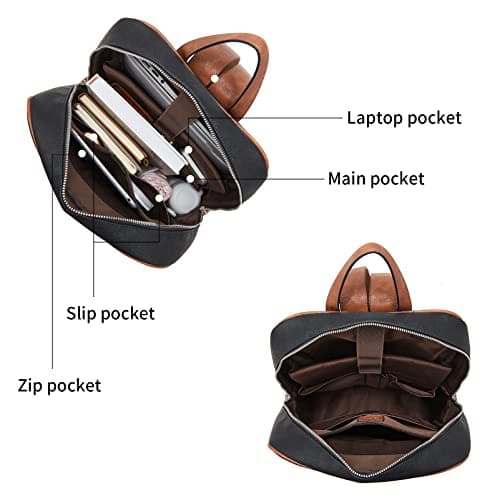 Telena Leather Laptop Backpack for Women Business Casual College Bags Black-Brown - Thumbnail 2