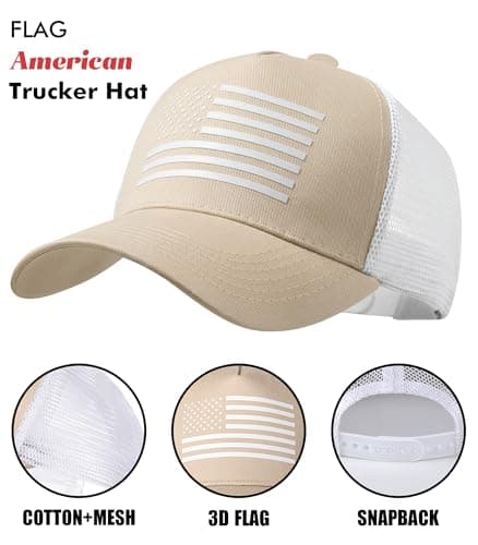 spxkd American Flag Trucker Hat,USA Hat for Men Women Snapback Baseball Cap Adjustable Breathable Mesh Side Durable Hats Outdoor(US, Alpha, Medium, 2 Pcs Khaki and Light Grew) - Thumbnail 4