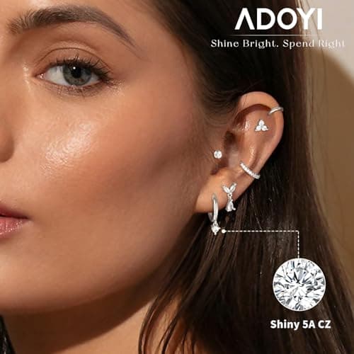 adoyi Silver Hoops Earrings Set for Women Hypoallergenic Surgical Steel Earrings 14K Gold Plated for Sensitive Ears Flat Back Studs Cartilage Stainless Steel Earring Jewelry Lightweight - Thumbnail 2