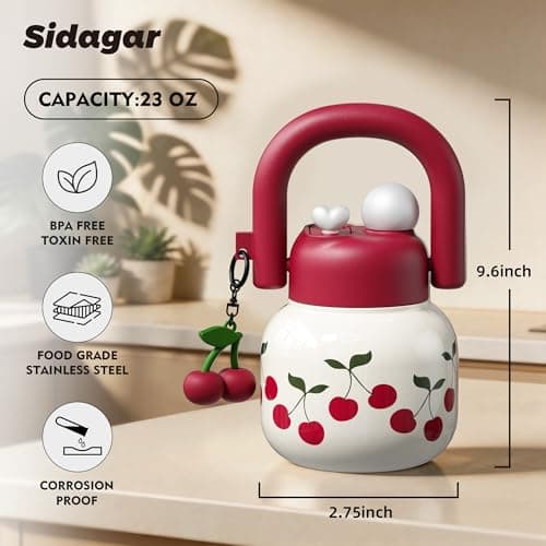Sidagar 22 oz Tote Water Bottle with Straw and Carry Handle, Wide Mouth Vacuum Insulated Stainless Steel Tumbler, Travel Water Jug for Women Easy Carry, Cherry - Thumbnail 2