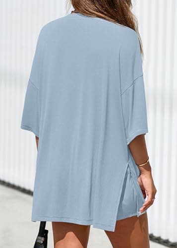 KIRUNDO 2 Piece Sets for Women Summer Lounge Sets Casual Oversized Tshirts Shorts Matching Airport Travel Outfits Postpartum(Light Blue, Medium) - Thumbnail 2