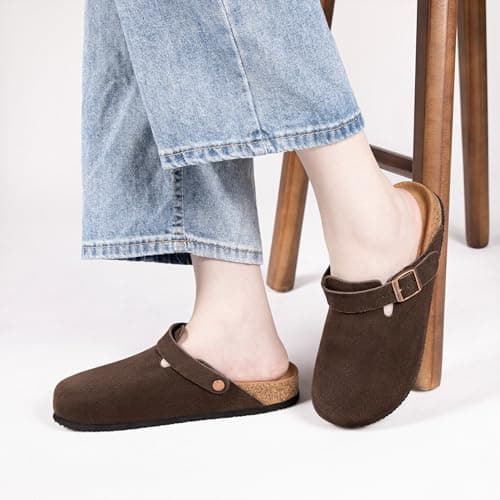 Brelzo Calvior Womens Suede Clogs Mens Leather Mules Arch Support Potato Shoes Slip On Slipper Sandals with Adjustable Buckle for Outdoor Use, Dark Brown Size 8-8.5 - Thumbnail 2