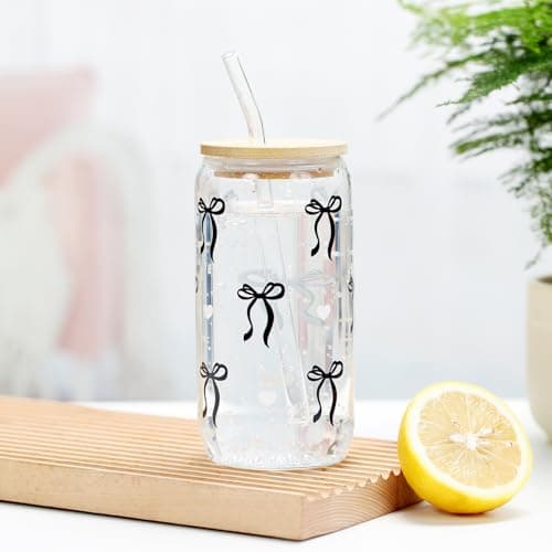 Coquette Black Bow Aesthetic Cup With Gift Box 16oz Glass Cup with Lids Straws and Black Bow Iced Coffee Smoothie Cute Tumbler with Cleaning Brush for Girls Bestfriend Sister Girlfriend, Preppy Stuff - Thumbnail 5