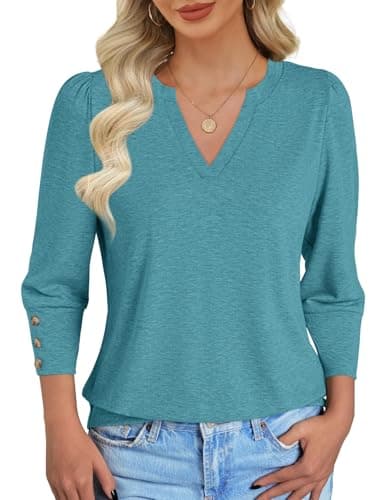 NORACORA Blouses for Women Dressy Casual 3/4 Length Sleeve Womens Tops V Neck T Shirts with Smocked Cuffs with Buttons Spring Summer Outfits Cyan XL - Thumbnail 4