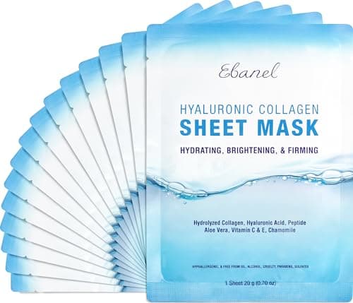 Ebanel 15 Pack Collagen Face Mask with Hyaluronic Acid, Vitamin C, Peptide, Aloe, Instant Brightening Hydrating Face Masks Skincare Korean Sheet Mask, Skin Firming, Lifting Anti Aging Facial Masks - Image 1