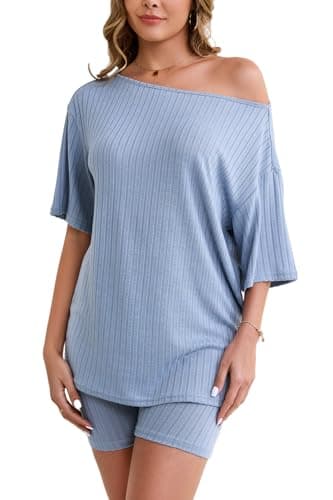 Molirex Womens Pajama Sets Shorts Summer Off Shoulder 3/4 Sleeve Biker Set 2 Piece Sweatsuits Ribbed Knit Matching Outfits Blue XL - Image 1
