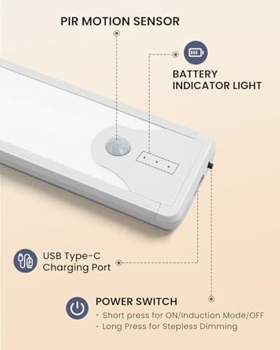 Pak Under Cabinet Lighting, 5 Pack 8 Inch 41 LED Motion Sensor Lights, Rechargeable Battery Operated Closet Light, Wireless Magnetic Dimmable 6500K Daylight White Under Counter Lights for Kitchen - Thumbnail 4