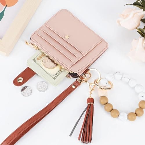 Airkit Wristlet Wallets for Women, Keychain RFID Blocking Credit Card Holder, Small Girly Wallet with Bracelet, Silicone Beaded Tassel Key Ring Card Holder, White& Brown - Thumbnail 3