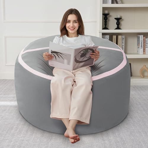 HABUTWAY 3ft Bean Bag Chair Giant Bean Bag Chairs with Memory Foam Filled, Large Beanbag Chair with Removable Dutch Velvet Cover for Living Room, Bedroom, Dorm, Light Grey & Pink
