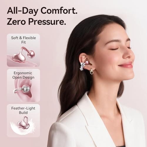 Kinglucky Jewelry-Inspired Clip-On Earbuds with Bow Earrings, Comfortable Fit & 50H Playtime Open Ear Bluetooth 5.4 Wireless Headphones for Women, Small Ears, Sports & Workouts (Pink) - Thumbnail 3