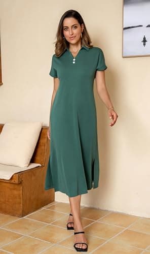 BEXIBOOM Women's Summer Maxi Dress, Cap Sleeve V Neck Collared Polo Shirt Dress with Pockets, Casual Long Dress for Beach Vacation Work Dark Green-XL - Thumbnail 2