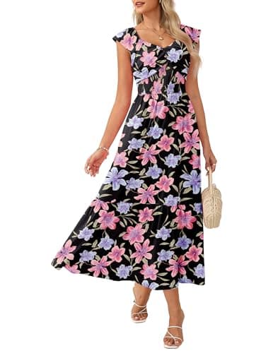 Summer Floral Maxi Dress for Women 2026 Flowy A-line Wedding Guest Dresses Ruffle Sleeve Smocked Sundress with Pocket Black Red Purple XXL - Image 1