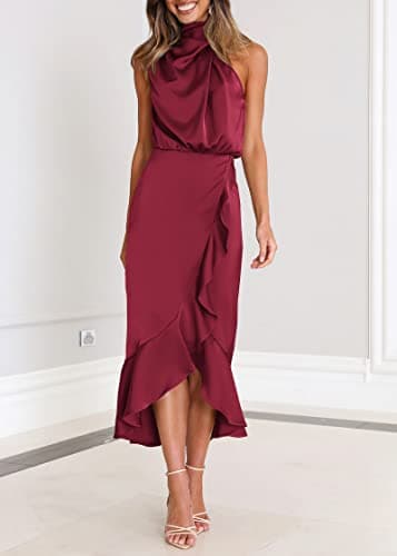 KIRUNDO Women 2026 Spring Summer Satin Mock Neck Wedding Guest Party Cocktail Midi Dress Sleeveless Wrap Ruffle Formal Dress(Wine Red, Small) - Thumbnail 3