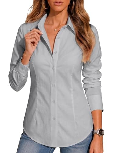 BBIBBI Dress Shirts for Women Business Casual Outfits Women's Button Down Office Clothes Womens Work Blouse Wrinkle Free Light Grey Size 2XL - Image 1