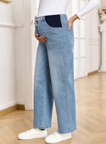 BLENCOT Women's Maternity Jeans High Waisted Stretchy Straight Leg Baggy Drawstring Denim Work Pants Mist Blue X-Large - Thumbnail 5