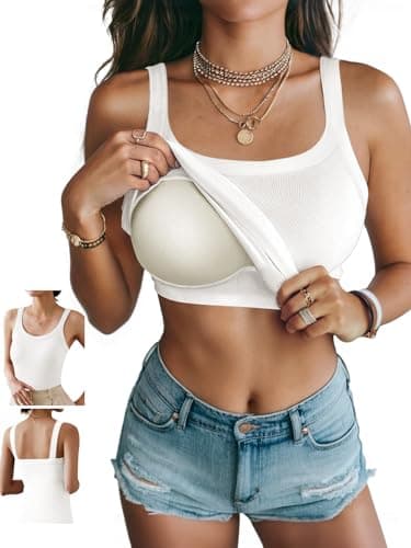 Ninee Women's Tank Top with Built in Bra Ribbed Camisole Summer Scoop Neck Spaghetti Strap Basic Cami Tanks (White,Large) - Image 1