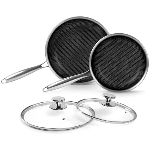 Innerwell Tri-Ply Stainless Steel Frying Pan Set with Lid,9.5Inch 11Inch Nonstick Honeycomb Stainless Steel Cooking Pan Set of 2 Skillet Works Pan for Cooking with Induction Gas Stovetops