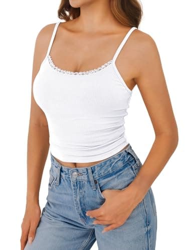 GKBK Womens Lace Camisole Tops Scoop Neck Ribbed Tank Tops Adjustable Spaghetti Straps Sleeveless Slim Fitted Y2k Going Out Shirt White L - Thumbnail 2