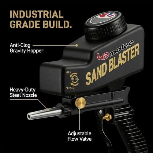 LE LEMATEC Portable Sand Blaster Gun Kit | Gravity Feed Air Tool for Rust Removal, Glass Etching & Paint Stripping | Requires 4 CFM @ 90 PSI Air Compressor - Sandblasting Steel Nozzle - Thumbnail 4