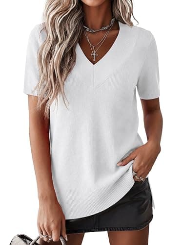 Jouica Short Sleeve Sweater for Women V Neck Trendy Summer Tops 2026 Beach Vacation Clothes Travel Business Casual Outfits,Large,White - Image 1