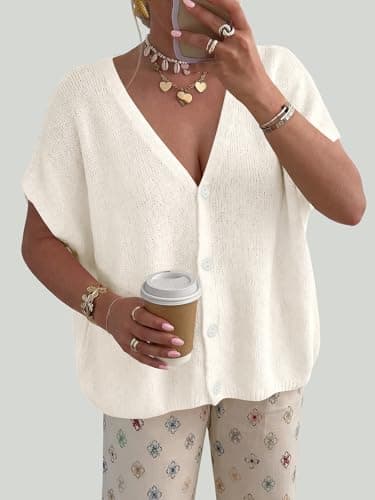 PRETTYGARDEN Batwing Short Sleeve Ribbed Knit Sweater Tops Oversized Button Up Shirt Women V Neck Light Weight Cardigan (White, Small) - Thumbnail 4