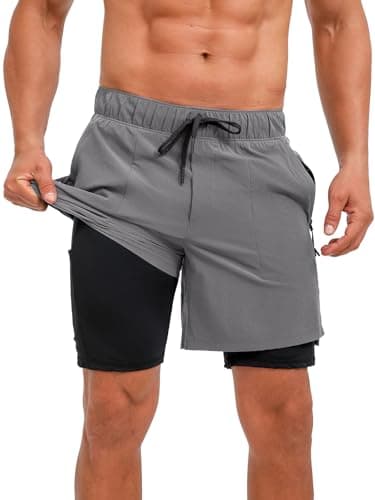 ECUPPER Mens Swim Trunks with Compression Liner 2 in 1 Board Shorts with Zipper Pockets Quick Dry Swimwear Beach Bathing Swimsuit Silver 4XL - Image 1