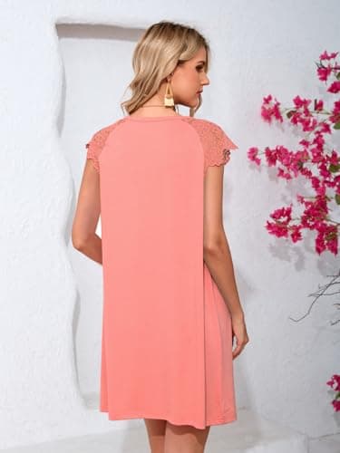 UNCLECAT Summer Dresses for Women Casual Lace Crochet Sleeves T Shirt Pleated Crewneck Tunic Dress Coral - Thumbnail 2