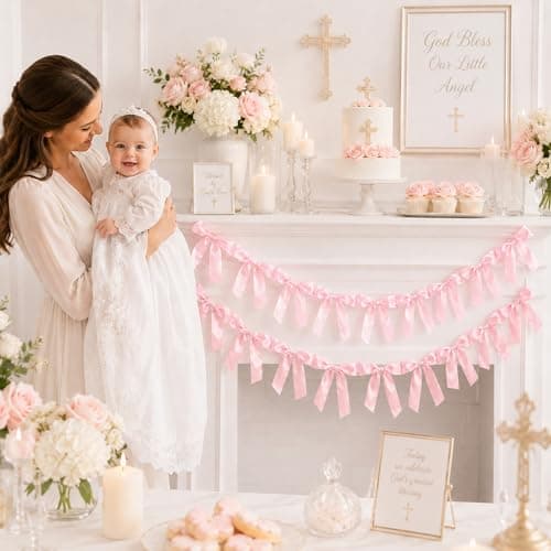 Pink Bow Garland Banner Coquette Birthday Party Decorations, 5.9FT Satin Bow Banner Decorations for Baptism Gift Daughter Nursery Baby Bridal Shower Wedding Favors Engagement Party Supplies - Thumbnail 6