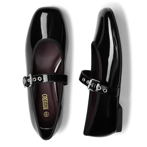 Rihero Black Ballet Flats for Women Comfortable Square Toe Buckle Strap Dressy Casual Ballerina Mary Jane Flats Shoes Size 5.5 - Thumbnail 6