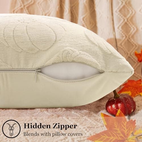 decorUhome Decorative Beige Pumpkin Thanksgiving Throw Pillow Covers 18x18 Set of 2, Soft Chenille Jacquard Farmhouse Textured Pillow Covers for Couch Bed Sofa Autumn Harvest Halloween Holiday - Thumbnail 3