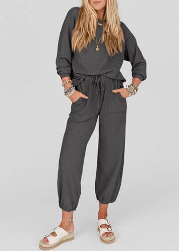 KIRUNDO Lounge Sets for Women 2026 Fall Airport Travel Outfits Ribbed Knit Tops Jogger Pants Tracksuit Postpartum Comfy Set(Dark Grey, Small) - Thumbnail 6