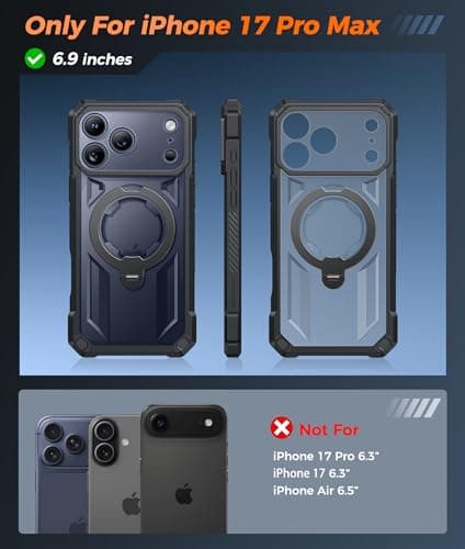 FNTCASE for iPhone 17 Pro-Max Case: [360 Spin Magnetic Ring Kickstand] [Compatible for MagSafe] [Screen Protector] Heavy Duty Military Grade Protection Protective Phone Case with Stand Black - Thumbnail 2