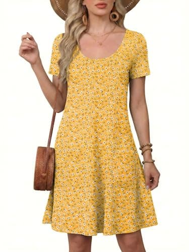 Moodclo Summer Dresses for Women Yellow Celosia XX-Large U Neck Short Sleeve Casual Loose T Shirt Sundress Knee Length Beach Cover Ups with Pockets - Image 1